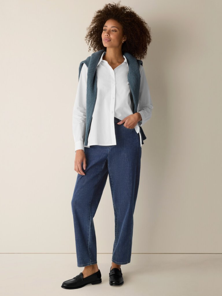 Eileen Fisher Cotton Stretch Denim Lantern Jean In Medium Indigo Size Large